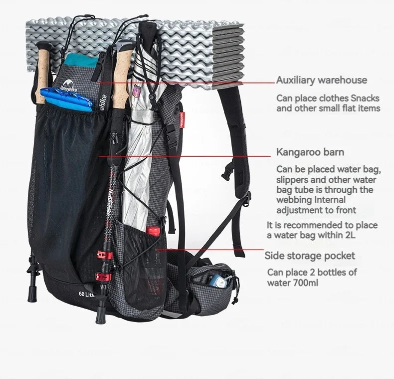 Naturehike Rock Series Hiking Backpack | 40L / 60L, Rain Cover, 420D Nylon