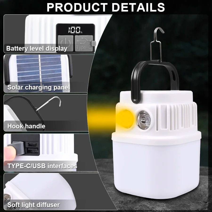 Solar LED Camping Lantern — USB Rechargeable Waterproof Tent Light for Hiking & BBQ