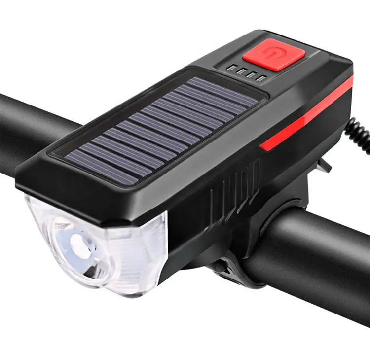 Rechargeable Bike Headlight with Horn — Solar & USB MTB Road Cycling Light Set
