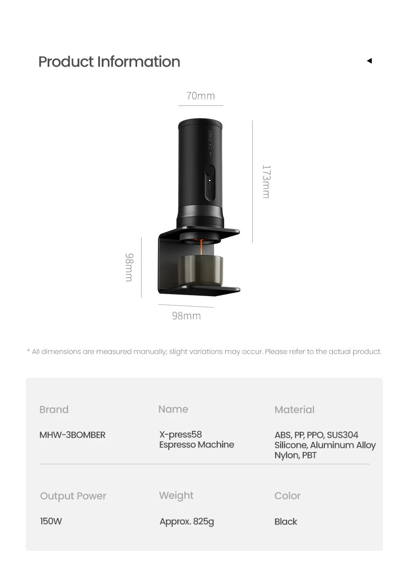 MHW-3BOMBER X-Press58 Portable Espresso Machine — USB Electric, 58mm, Travel & Camping Coffee Maker