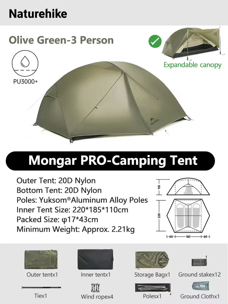 Naturehike Mongar 2 UL/PRO Tent | Ultralight 15D Backpacking 1-2 Person