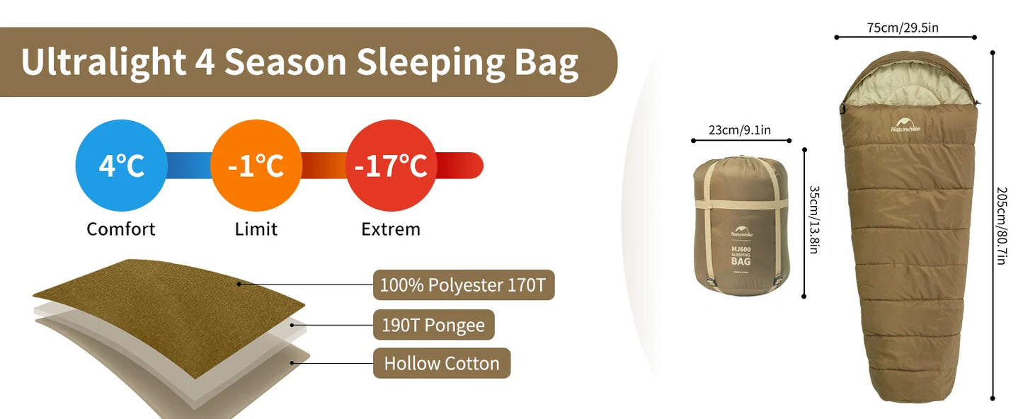 Naturehike Mummy Sleeping Bag | Winter Rated -12°C Lightweight MJ300/MJ600