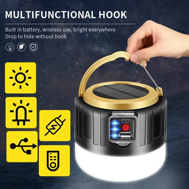 Solar LED Camping Lantern — USB Rechargeable Waterproof Tent Light for Hiking & BBQ