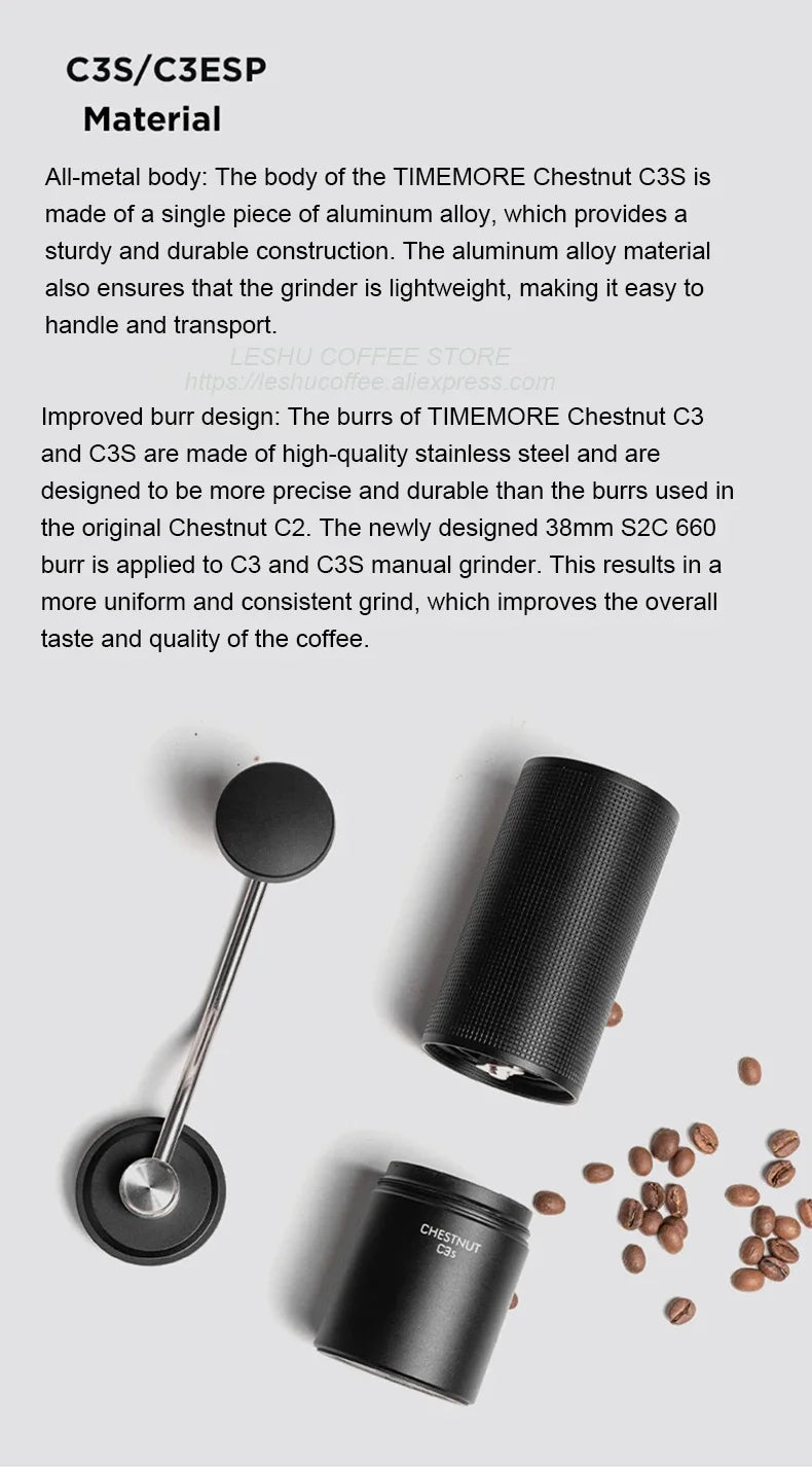 TIMEMORE Chestnut C3S / C3ESP Manual Coffee Grinder — All-Metal Body, S2C Burr, Portable