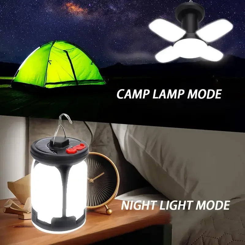 4-Leaf Solar Camping Lantern — Foldable Rechargeable Warm Tent Light & Emergency Torch