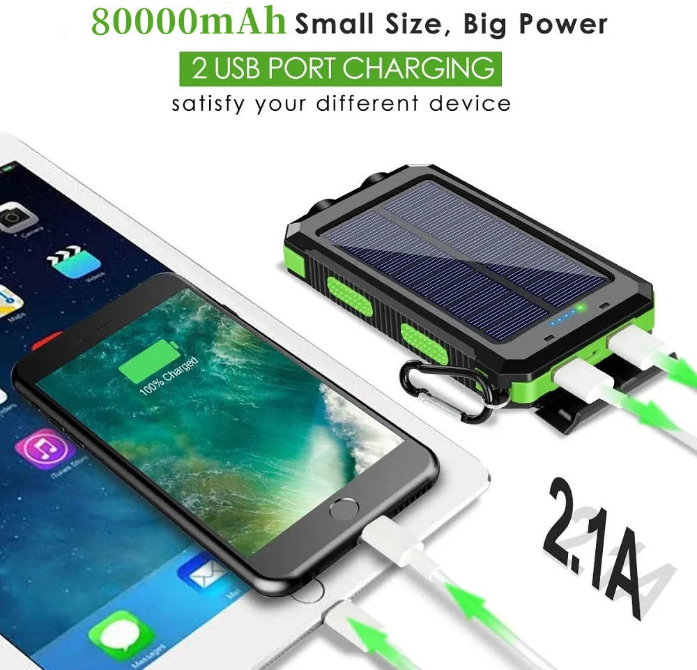 Solar Power Bank 80000mAh | Solar Panel, LED Flashlight & Compass