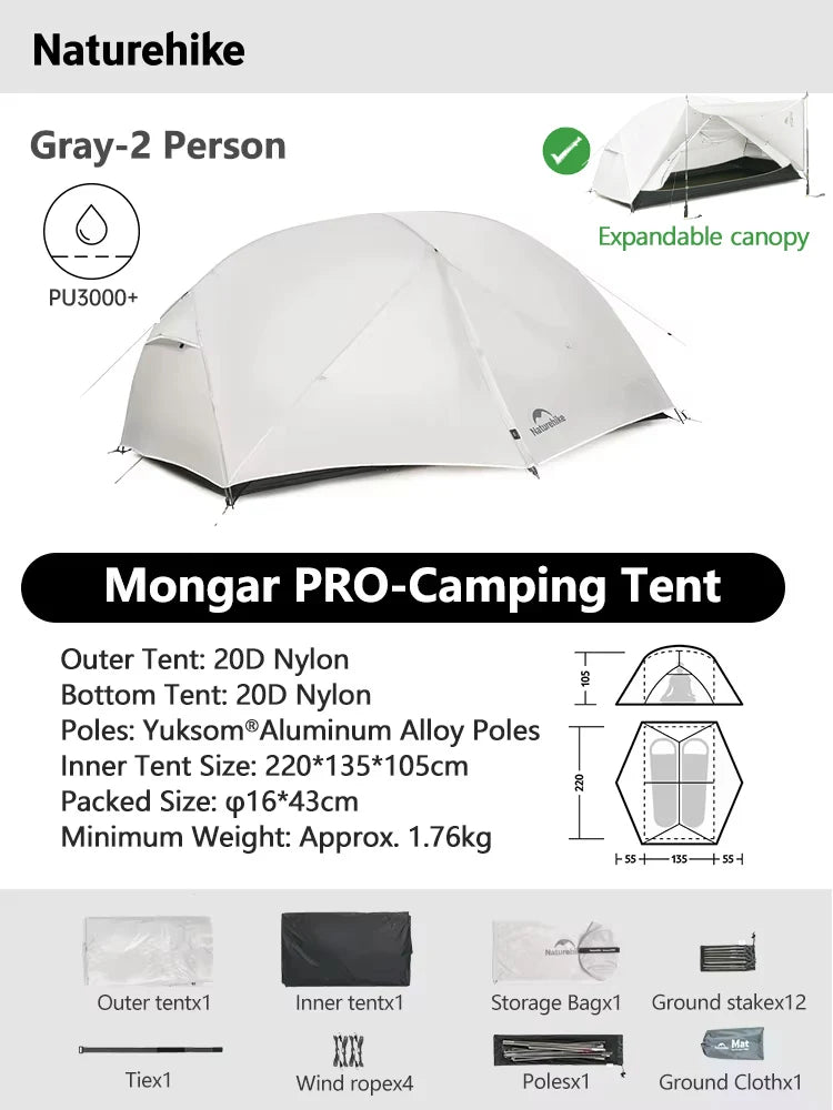 Naturehike Mongar 2 UL/PRO Tent | Ultralight 15D Backpacking 1-2 Person