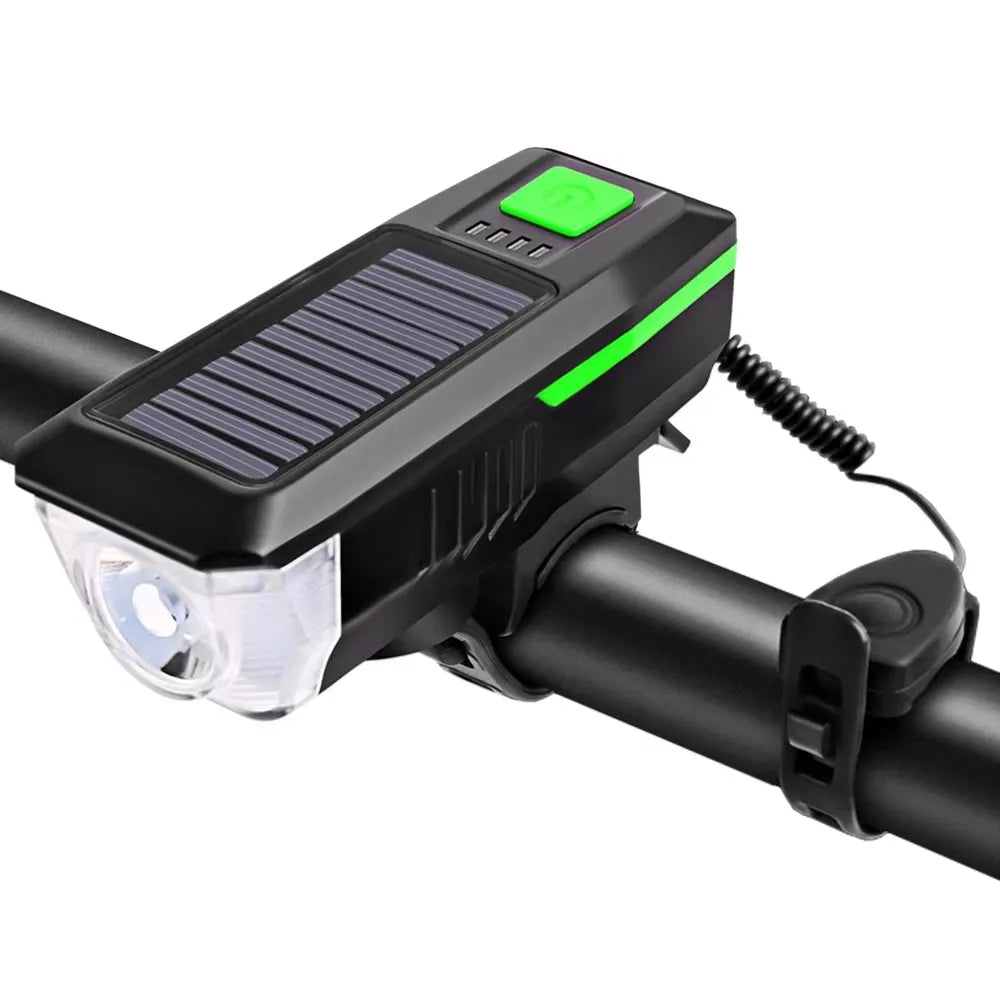 Rechargeable Bike Headlight with Horn — Solar & USB MTB Road Cycling Light Set