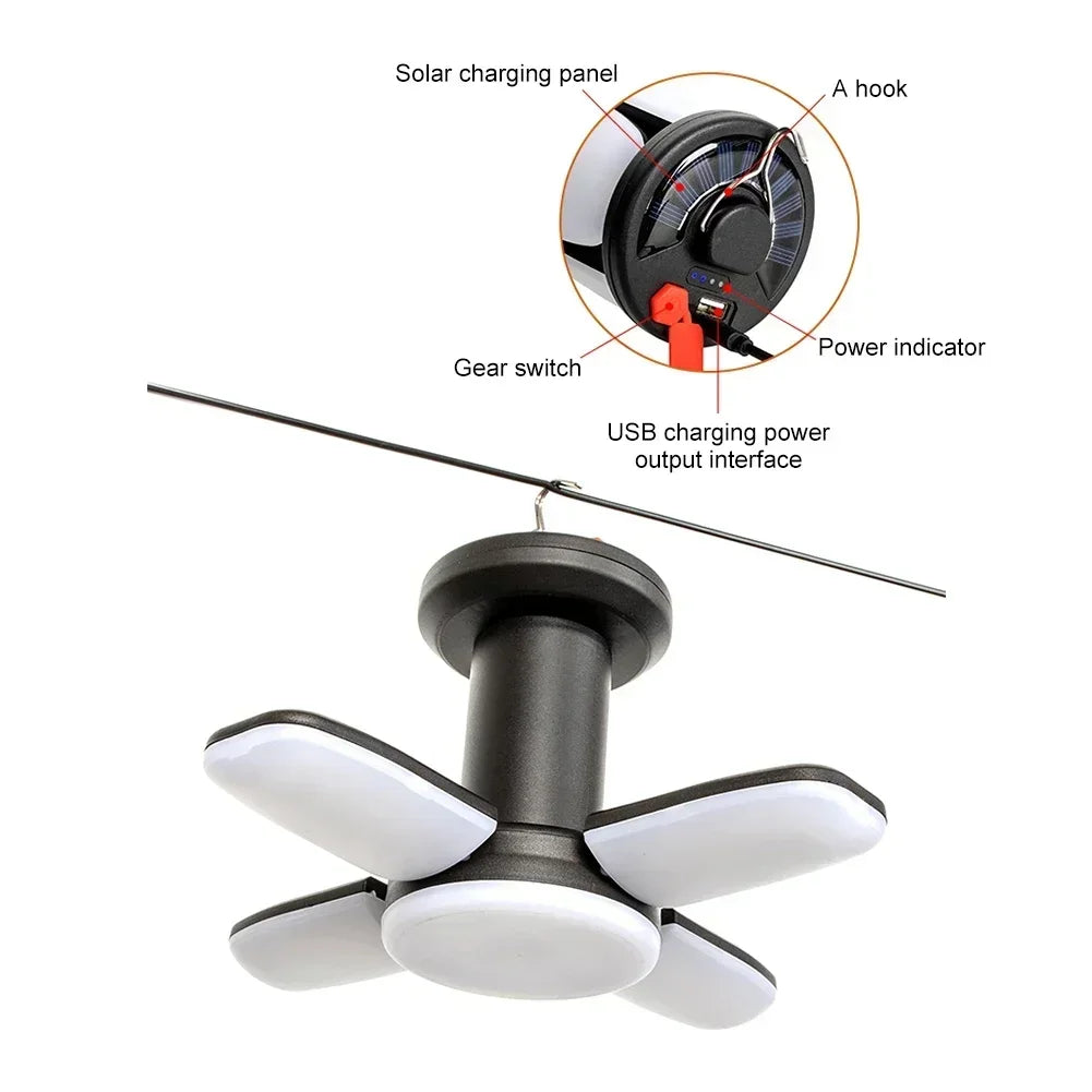4-Leaf Solar Camping Lantern — Foldable Rechargeable Warm Tent Light & Emergency Torch