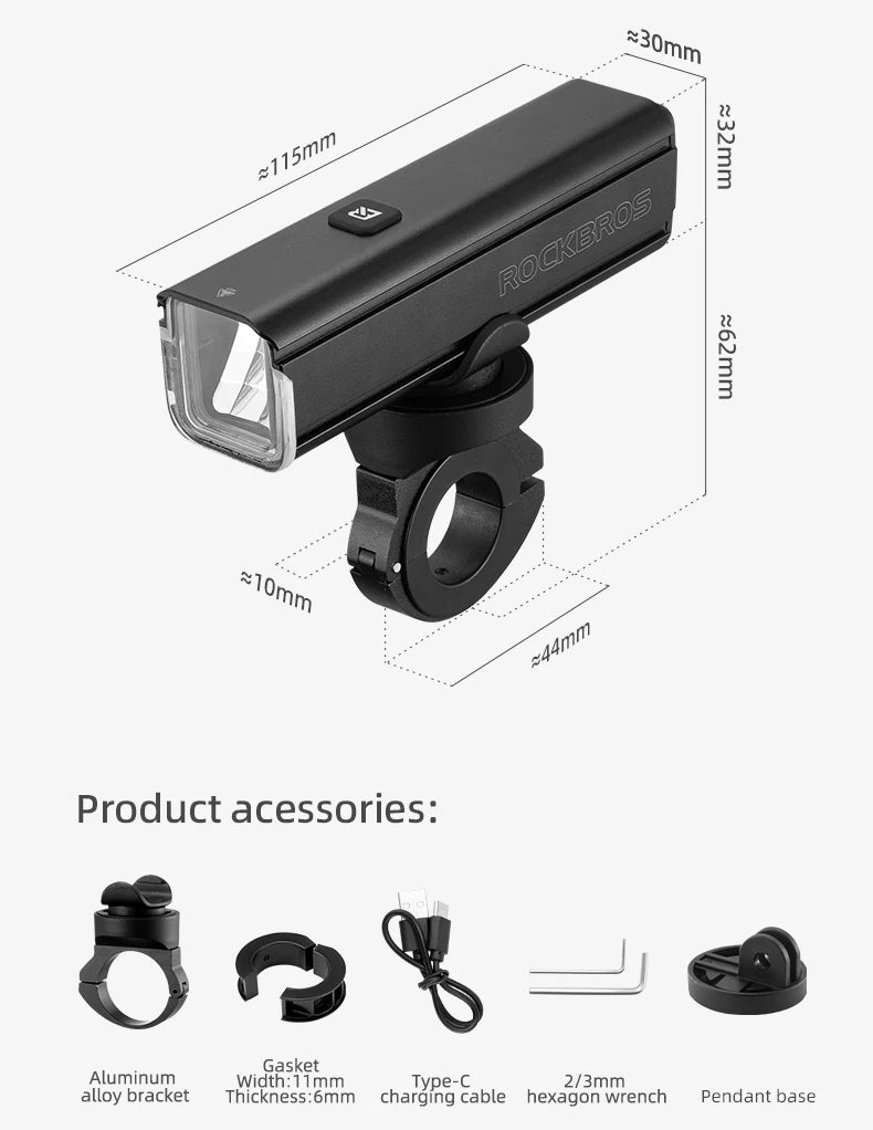 ROCKBROS 1000LM Bike Light Front Lamp Type-C Rechargeable LED 4500mAh Bicycle Light Waterproof Headlight Bike Accessories