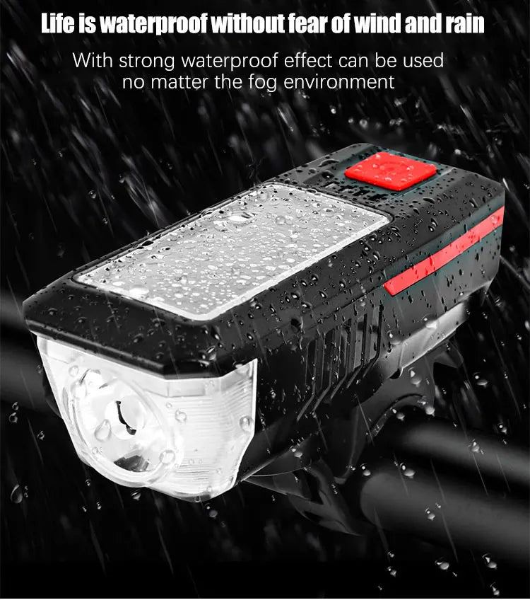 Rechargeable Bike Headlight with Horn — Solar & USB MTB Road Cycling Light Set