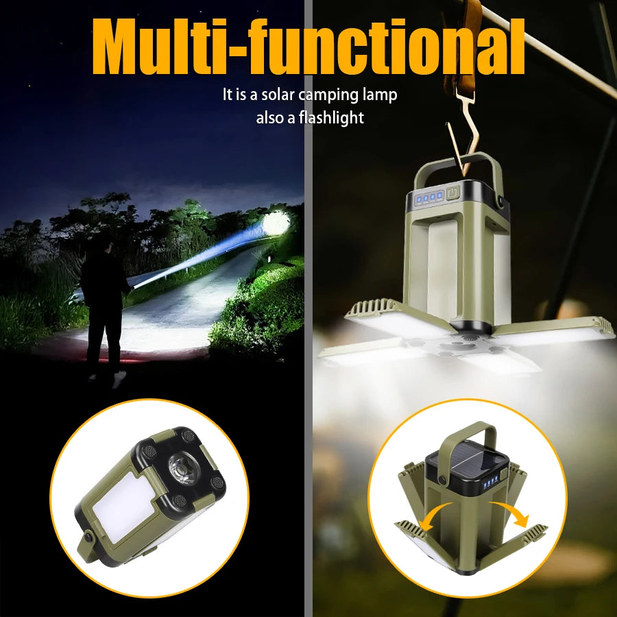4-Leaf Solar Camping Lantern — Foldable Rechargeable Warm Tent Light & Emergency Torch