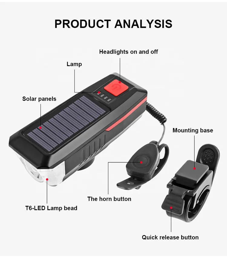 Rechargeable Bike Headlight with Horn — Solar & USB MTB Road Cycling Light Set