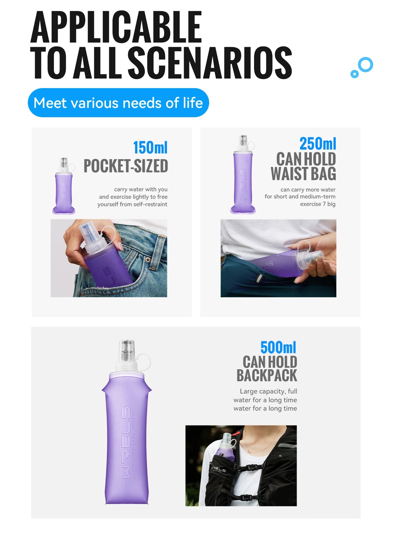 WRELS Collapsible Water Bottle BPA Free Silicone Foldable Soft Flask Outdoor Sport Portable Water Bag Running Camping Water Bag