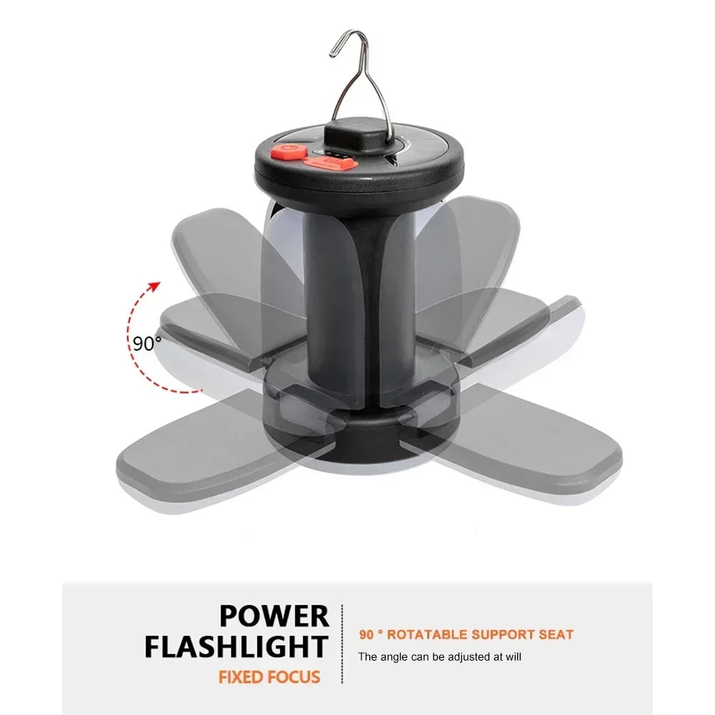 4-Leaf Solar Camping Lantern — Foldable Rechargeable Warm Tent Light & Emergency Torch