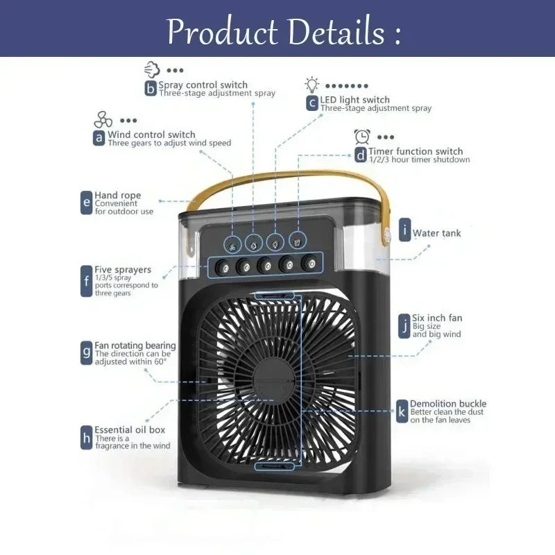 3 In 1 Mini Air Cooler Portable Cooling Fan With LED Night Light Humidifier Desktop Refreshing Appliance For Home Office Bedroom