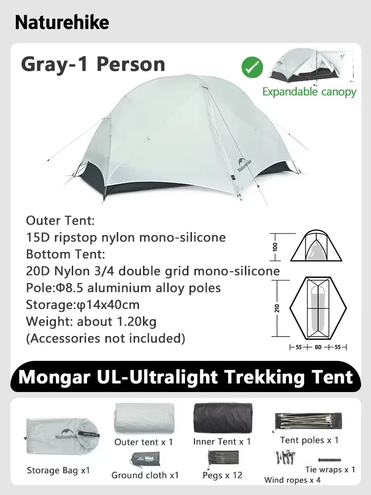 Naturehike Mongar 2 UL/PRO Tent | Ultralight 15D Backpacking 1-2 Person