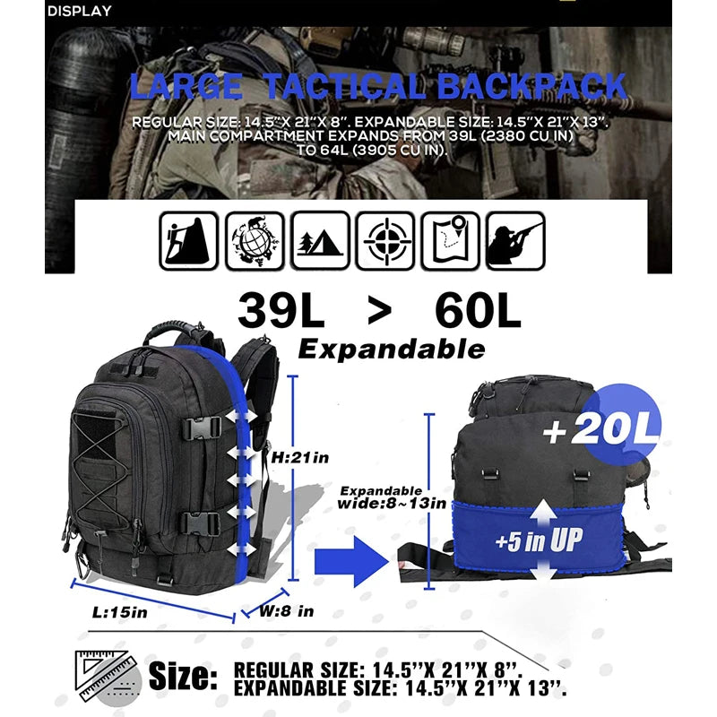 65L Tactical MOLLE Backpack | Waterproof, Tear-Resistant, Military Design
