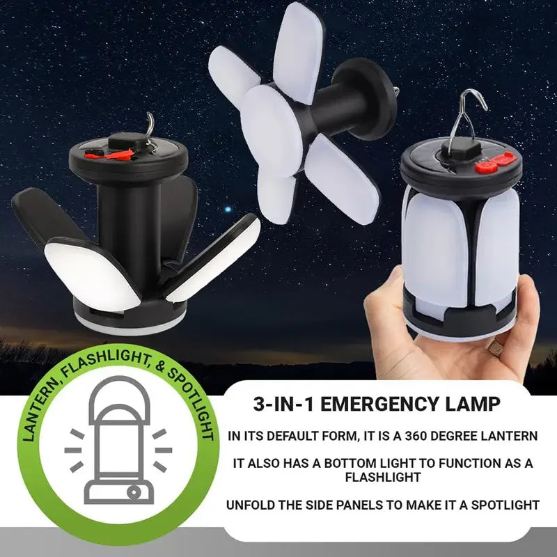 4-Leaf Solar Camping Lantern — Foldable Rechargeable Warm Tent Light & Emergency Torch