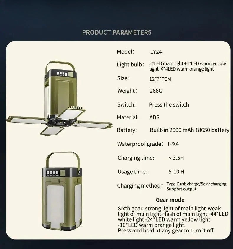 4-Leaf Solar Camping Lantern — Foldable Rechargeable Warm Tent Light & Emergency Torch