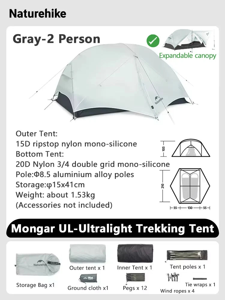 Naturehike Mongar 2 UL/PRO Tent | Ultralight 15D Backpacking 1-2 Person