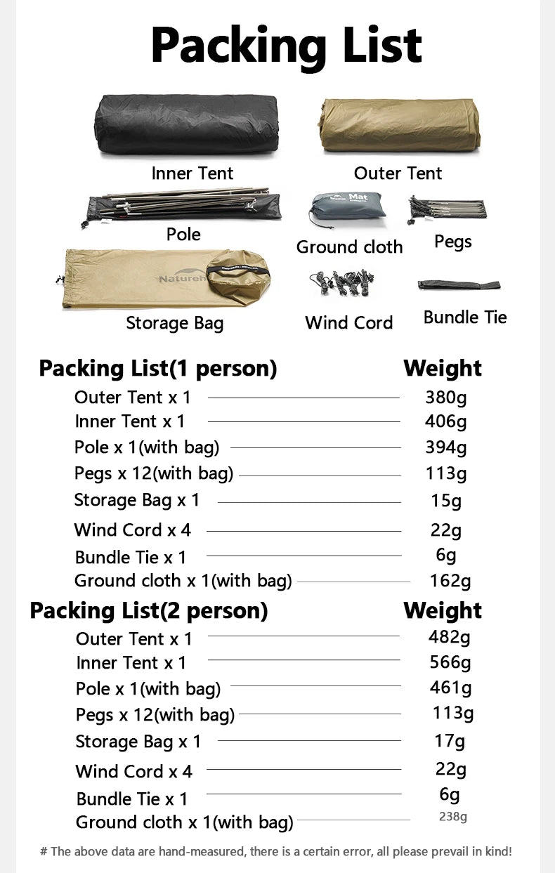 Naturehike Mongar 2 UL/PRO Tent | Ultralight 15D Backpacking 1-2 Person