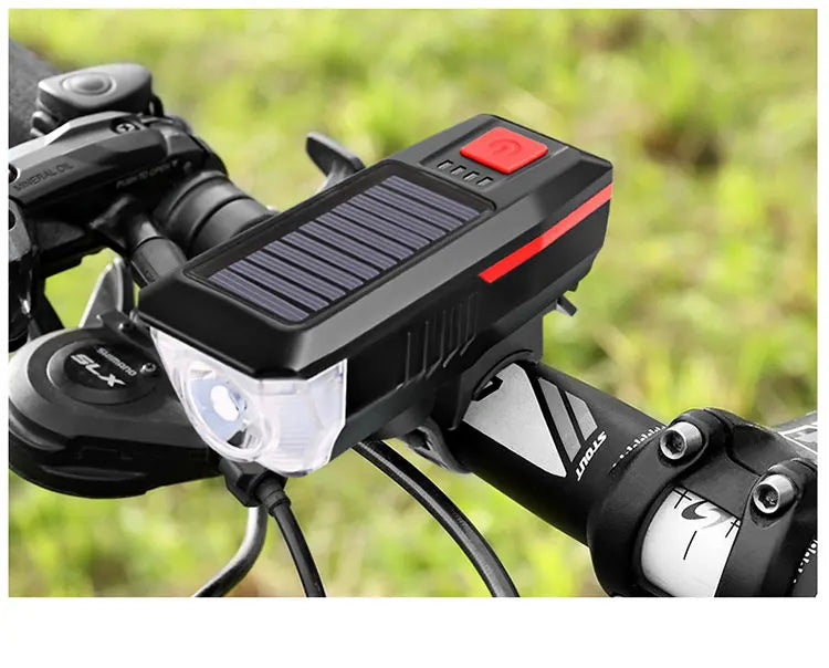 Rechargeable Bike Headlight with Horn — Solar & USB MTB Road Cycling Light Set