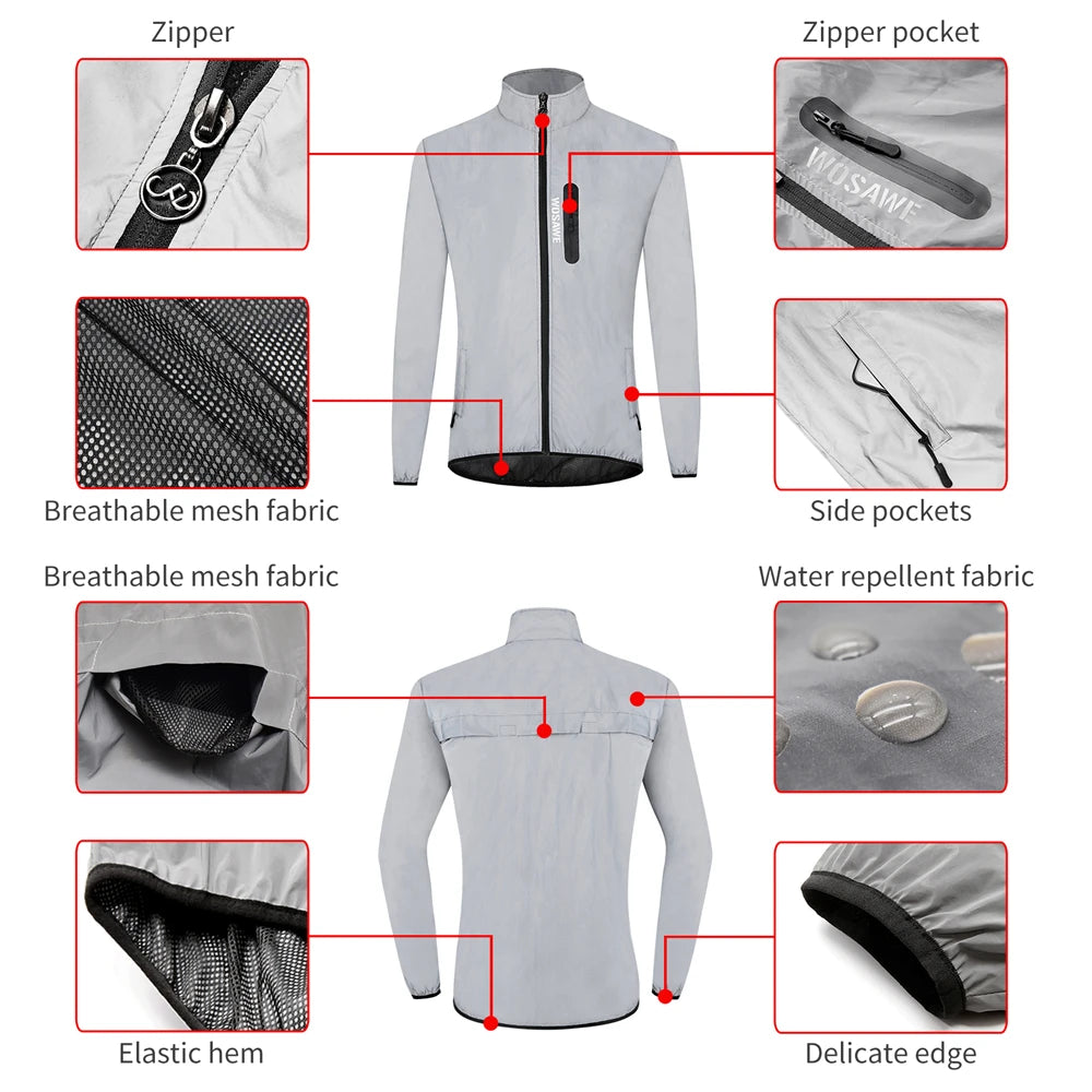 WOSAWE Men's Fully Reflective Jacket Outdoor Lightweight Windbreaker MTB Bike Hooded Rain Jacket Running Fishing Cycling Coat