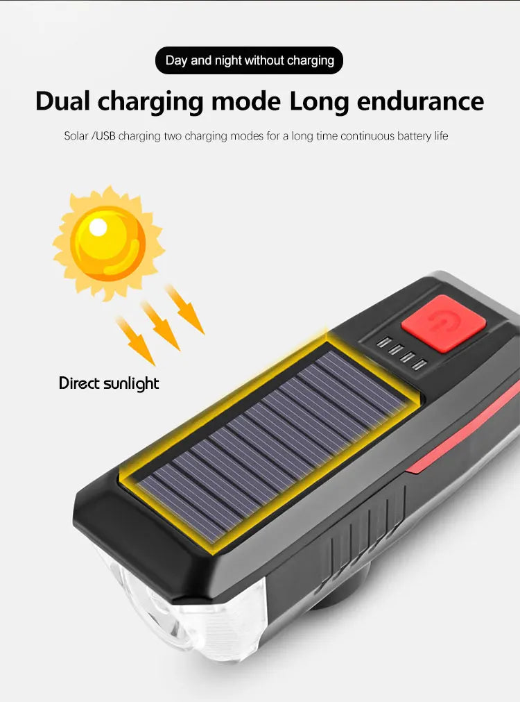 Rechargeable Bike Headlight with Horn — Solar & USB MTB Road Cycling Light Set