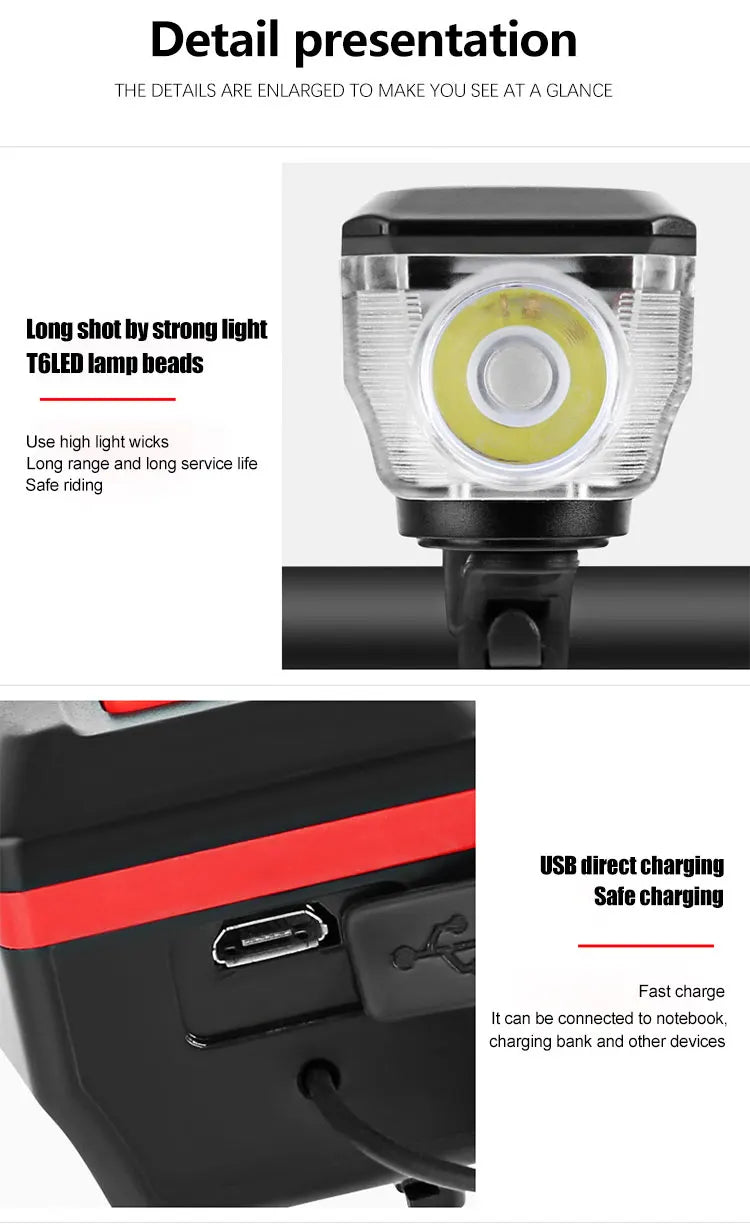 Rechargeable Bike Headlight with Horn — Solar & USB MTB Road Cycling Light Set