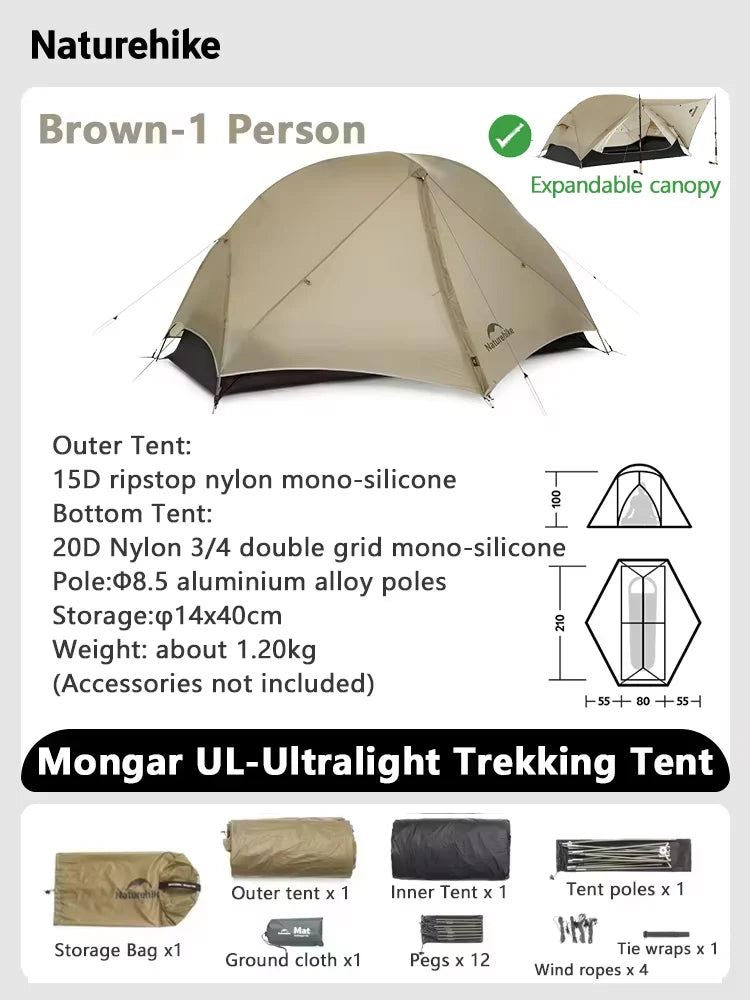 Naturehike Mongar 2 UL/PRO Tent | Ultralight 15D Backpacking 1-2 Person
