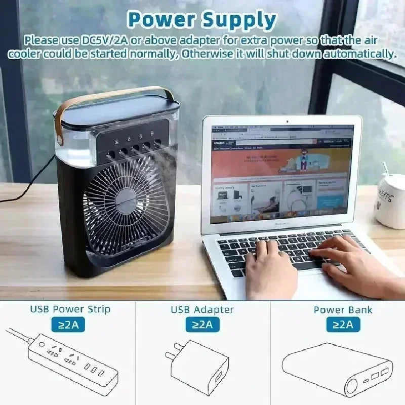 3 In 1 Mini Air Cooler Portable Cooling Fan With LED Night Light Humidifier Desktop Refreshing Appliance For Home Office Bedroom