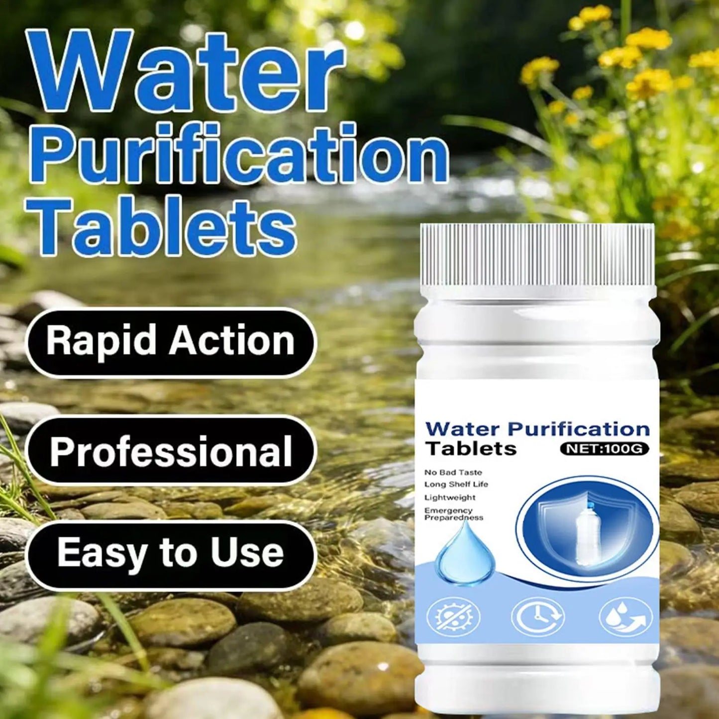 Fast Dissolving Water Purification Tablets Portable Effective Emergency Drinking Water Cleaner for Camping Hiking Backpacking