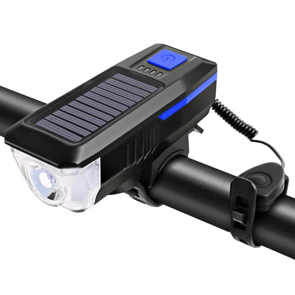 Rechargeable Bike Headlight with Horn — Solar & USB MTB Road Cycling Light Set