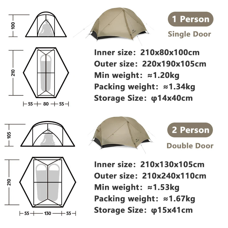 Naturehike Mongar 2 UL/PRO Tent | Ultralight 15D Backpacking 1-2 Person