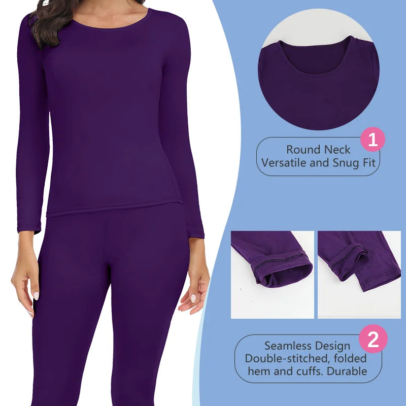 Women Thermal Underwear Set 2 Pack Long Johns Ultra Soft Fleece Lined Base Layer Keep Warm Cold Weather Top Bottom