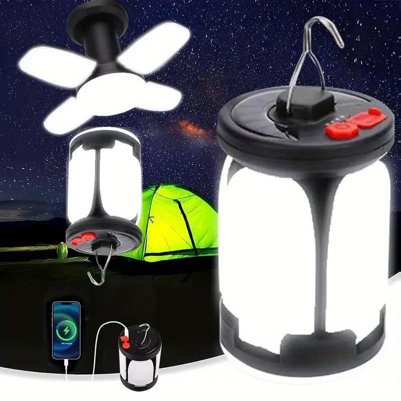 4-Leaf Solar Camping Lantern — Foldable Rechargeable Warm Tent Light & Emergency Torch
