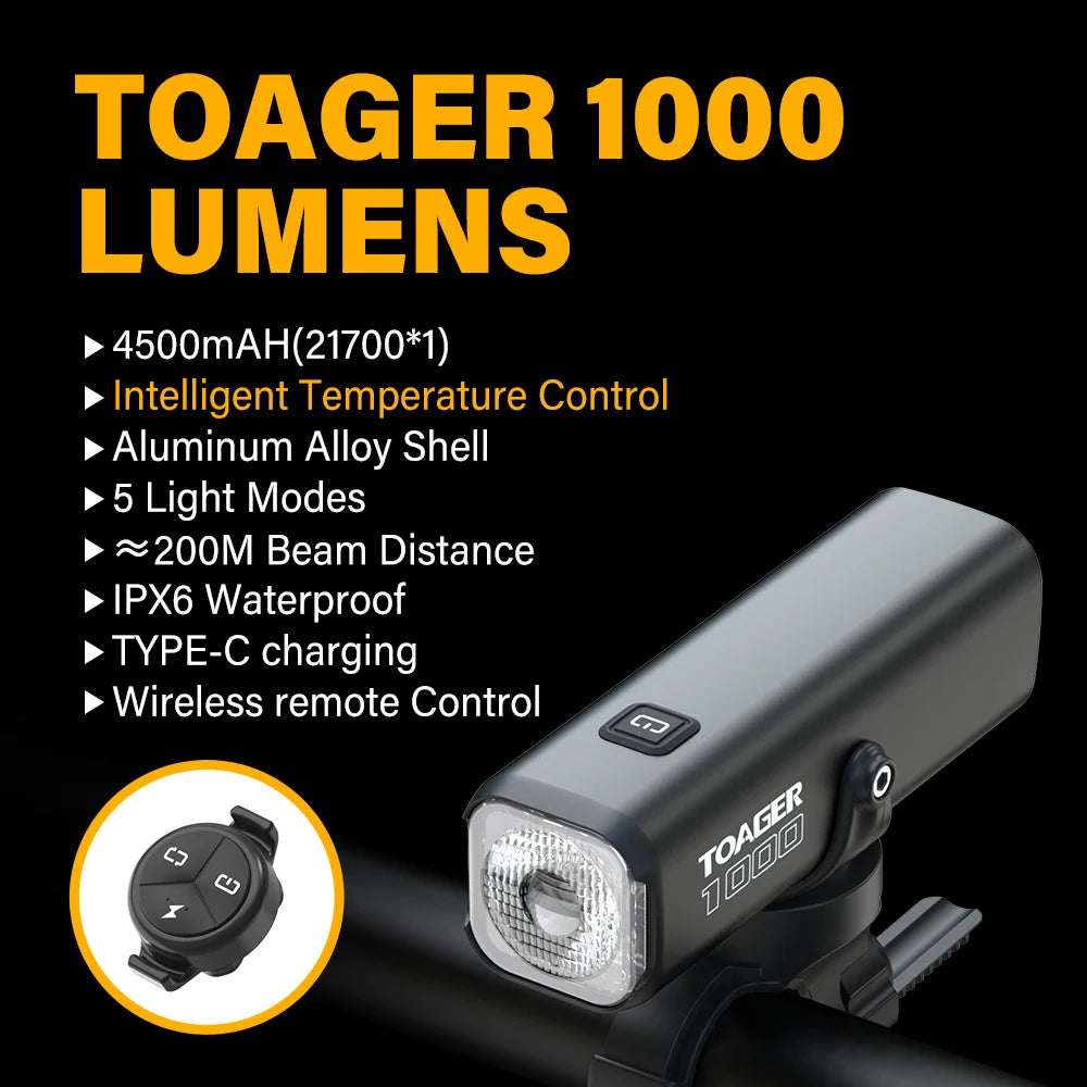 TOAGER 1000LM Bike Light Front Lamp Type C Rechargeable LED 21700 4500mAh Bicycle Light IPX6 Bicycle headlights Bike Accessories