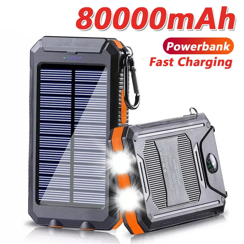 Solar Power Bank 80000mAh | Solar Panel, LED Flashlight & Compass