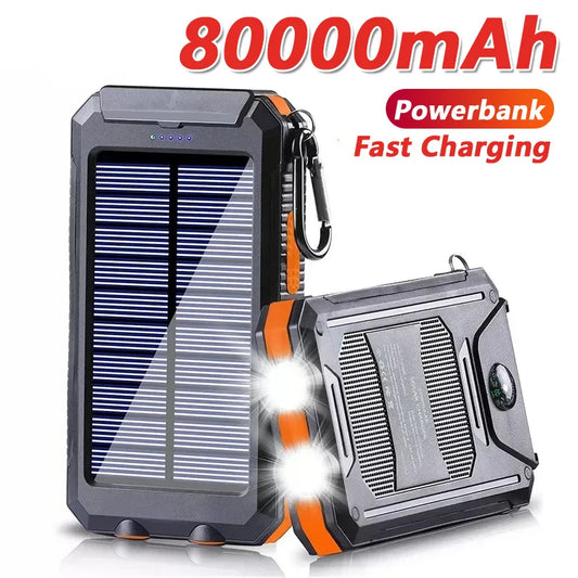 Solar Power Bank 80000mAh | Solar Panel, LED Flashlight & Compass