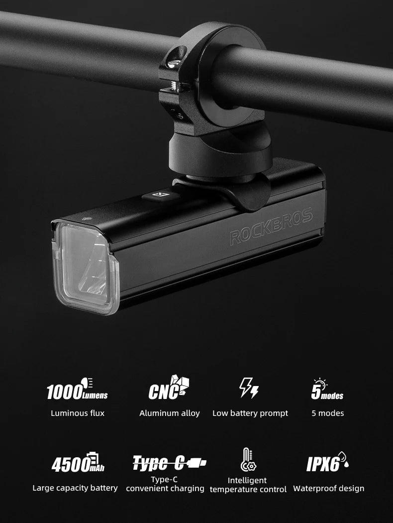 ROCKBROS 1000LM Bike Light Front Lamp Type-C Rechargeable LED 4500mAh Bicycle Light Waterproof Headlight Bike Accessories