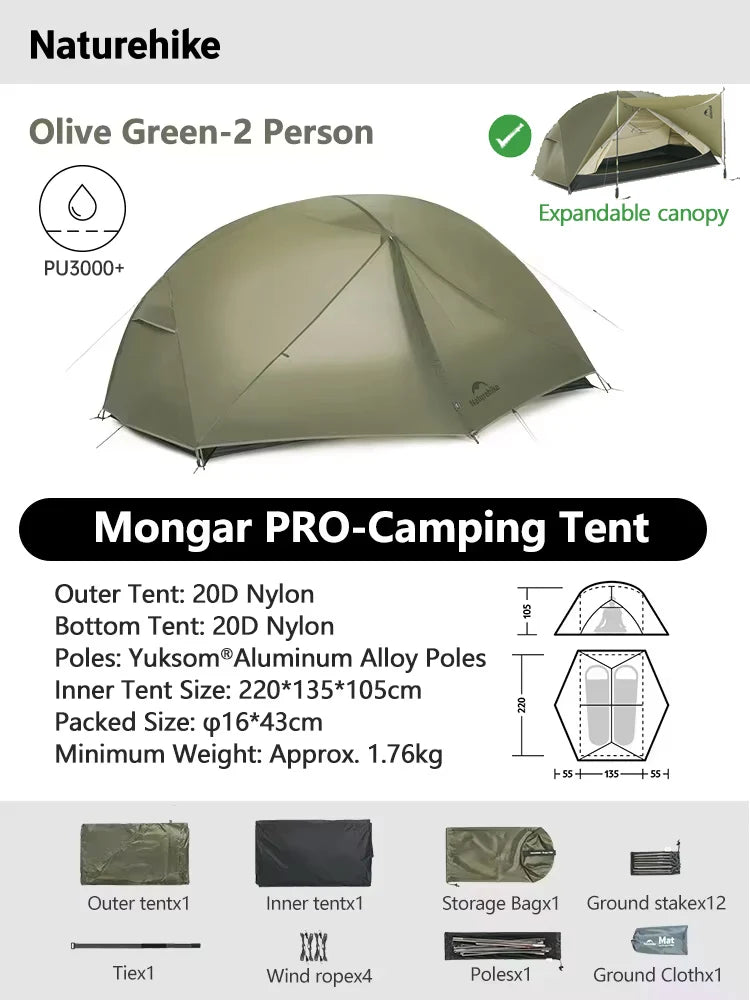 Naturehike Mongar 2 UL/PRO Tent | Ultralight 15D Backpacking 1-2 Person