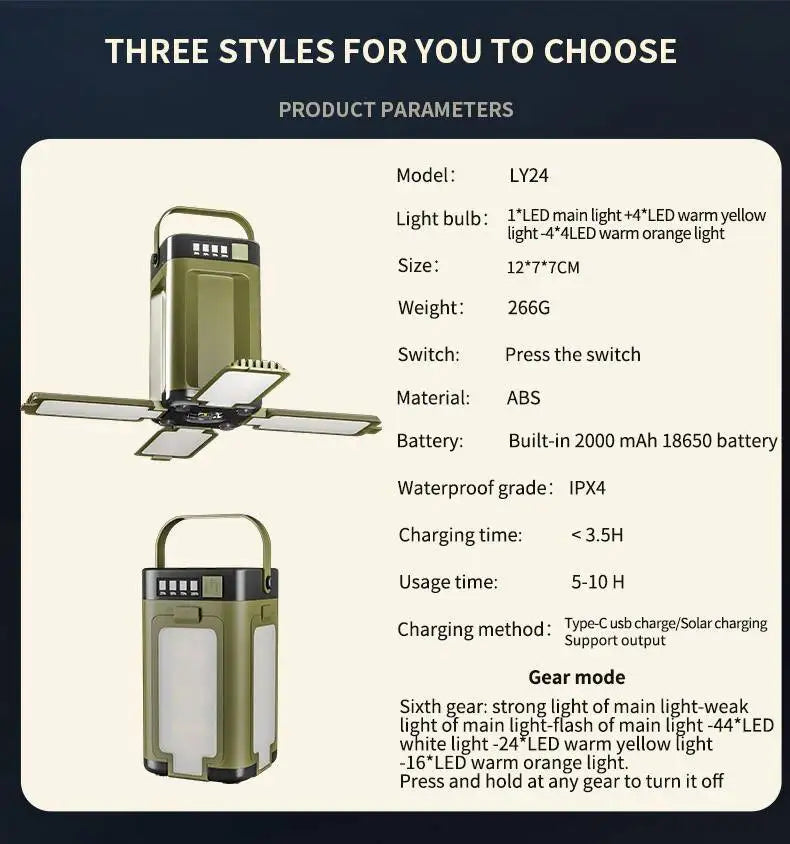 Solar Outdoor Portable Camping Light Solar Charging Foldable 2000mah Power Bank Intelligent Display Portable Hanging Tent Light