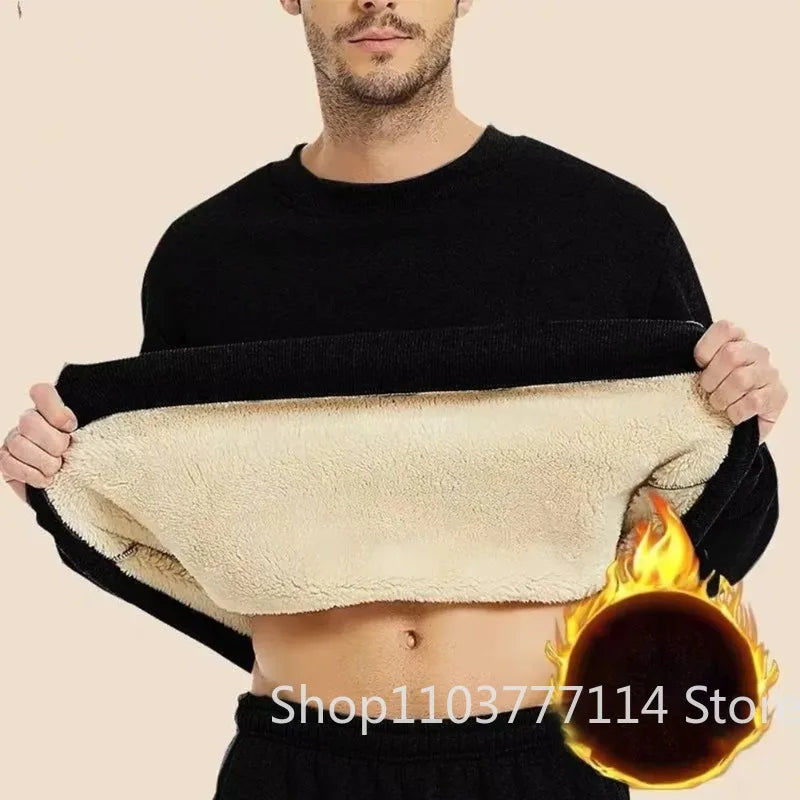 Men's Autumn Winter Fleece Lined Warm Top Korean Fashionable Long Sleeved Base Shirt Plush Casual Warm Underwear T-shirt