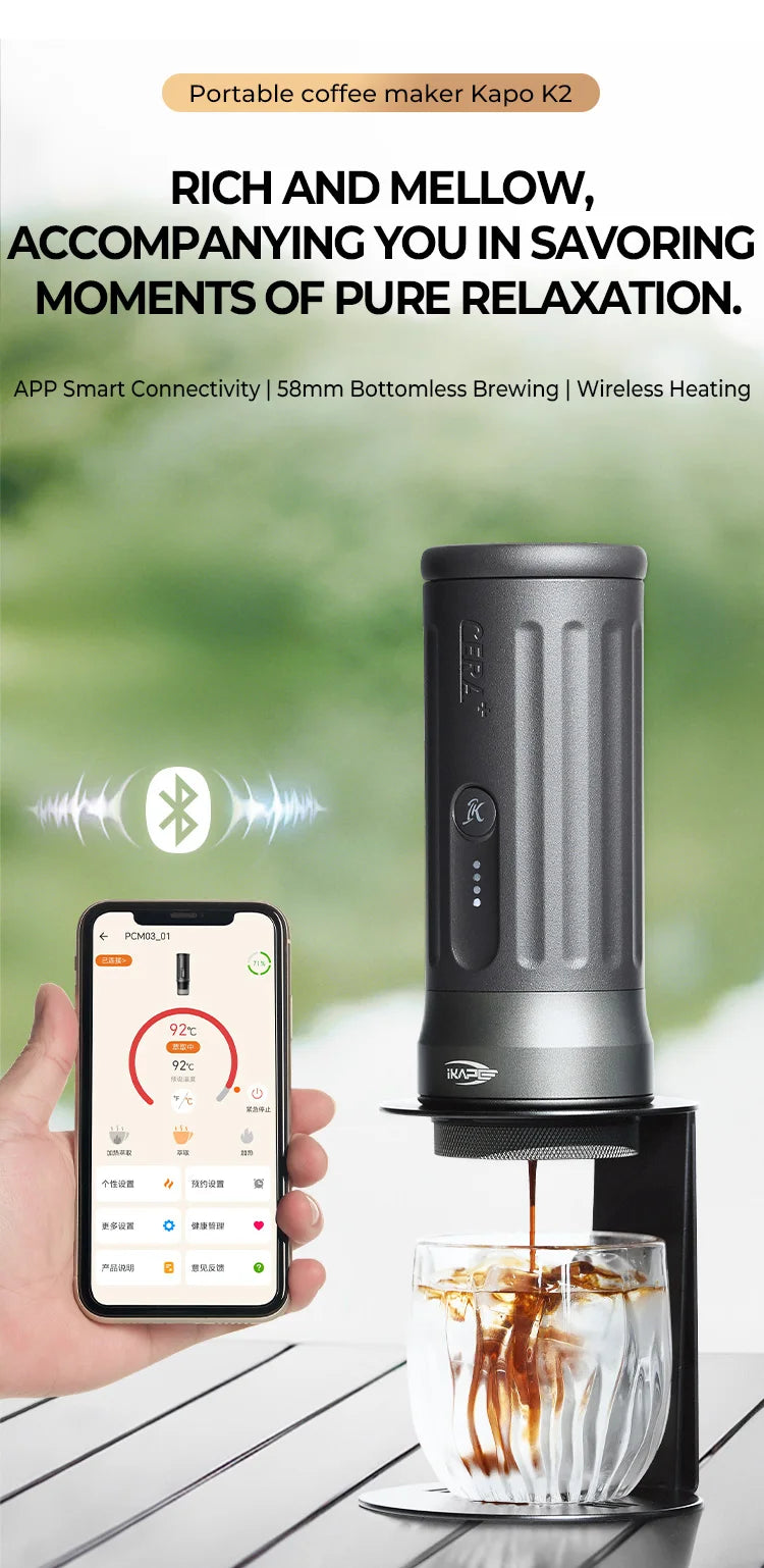 IKAPE Kapo K2 Portable Espresso Machine — Bluetooth, Timer, 51/58mm Bottomless Portafilter