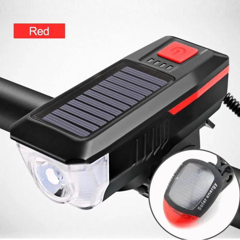 Rechargeable Bike Headlight with Horn — Solar & USB MTB Road Cycling Light Set