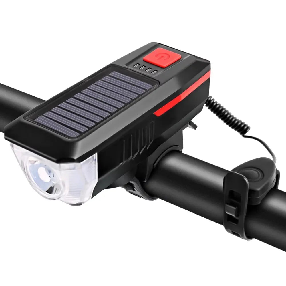 Rechargeable Bike Headlight with Horn — Solar & USB MTB Road Cycling Light Set