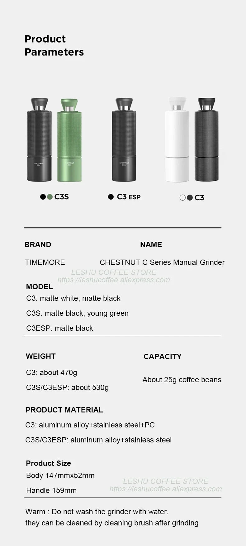 TIMEMORE Chestnut C3S / C3ESP Manual Coffee Grinder — All-Metal Body, S2C Burr, Portable