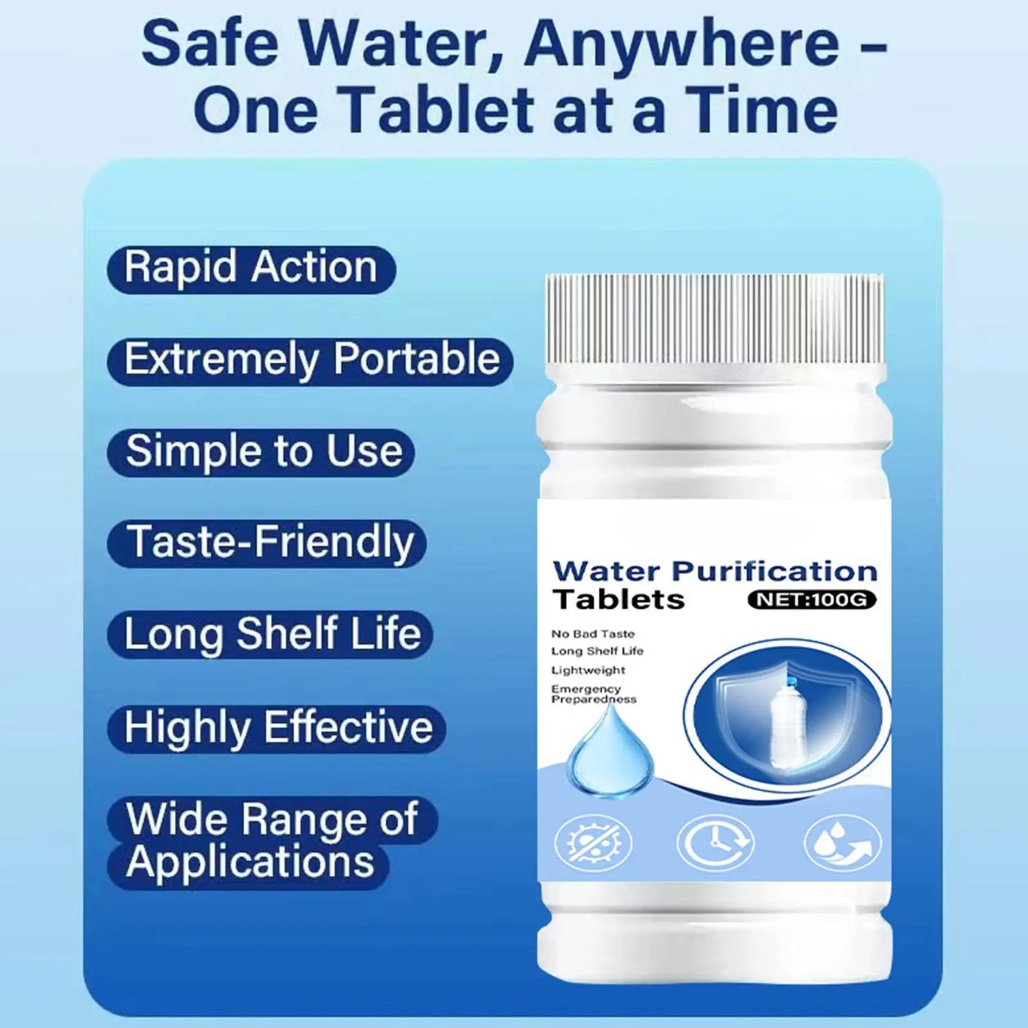 Fast Dissolving Water Purification Tablets Portable Effective Emergency Drinking Water Cleaner for Camping Hiking Backpacking