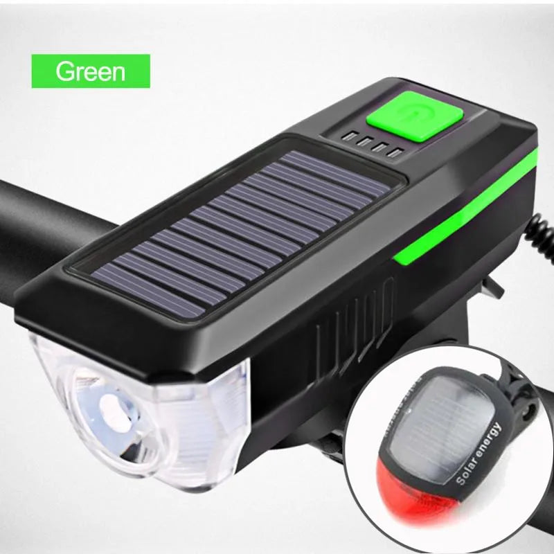 Rechargeable Bike Headlight with Horn — Solar & USB MTB Road Cycling Light Set